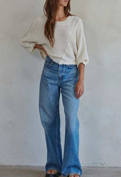 Knit Round Neck Sweater with 3/4 Sleeve - Ivory