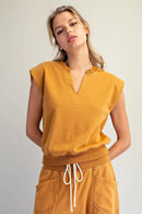 Notched Neck Cap Sleeve Top