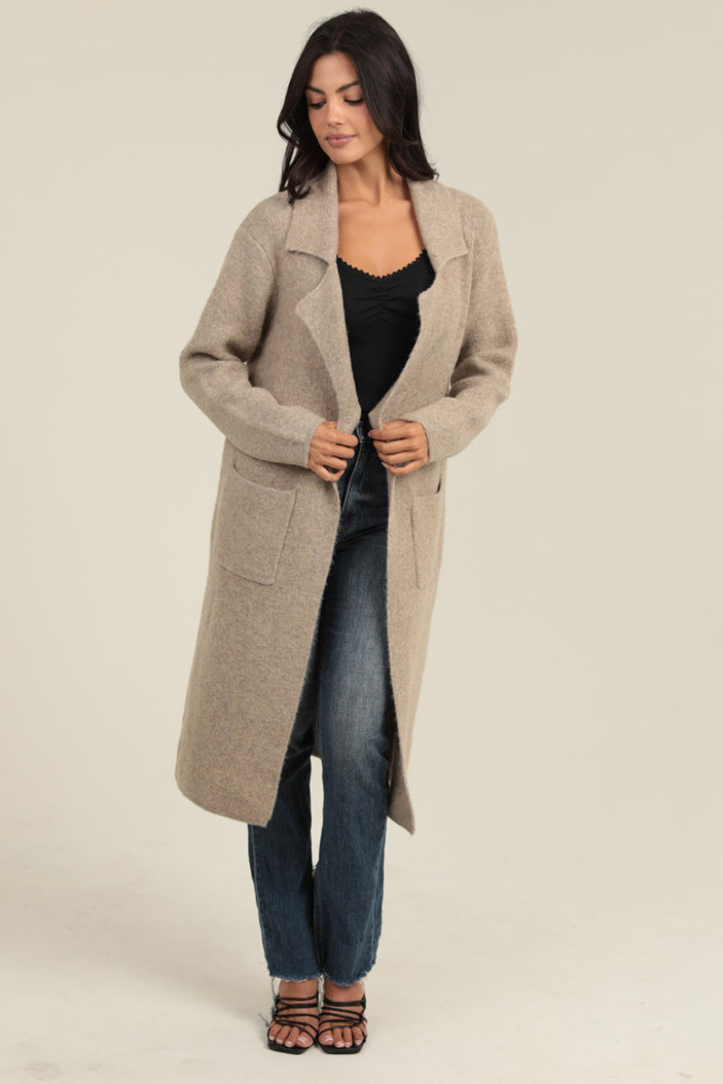 Long Cardigan Trench with Collar and Pockets- Tan