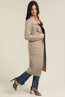 Long Cardigan Trench with Collar and Pockets- Tan