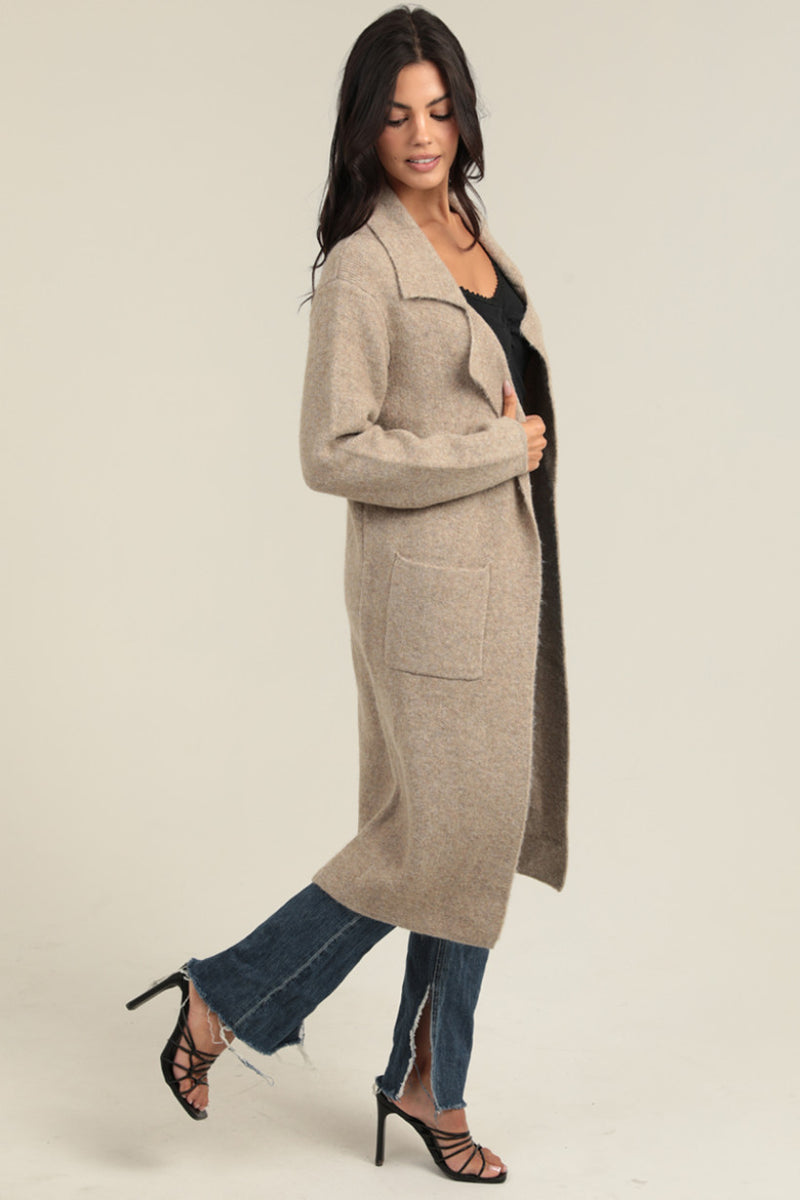 Long Cardigan Trench with Collar and Pockets- Tan