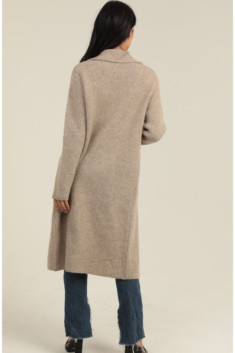 Long Cardigan Trench with Collar and Pockets- Tan