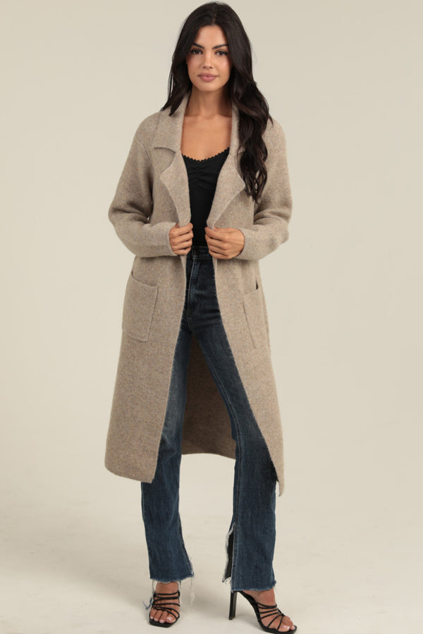Long Cardigan Trench with Collar and Pockets- Tan