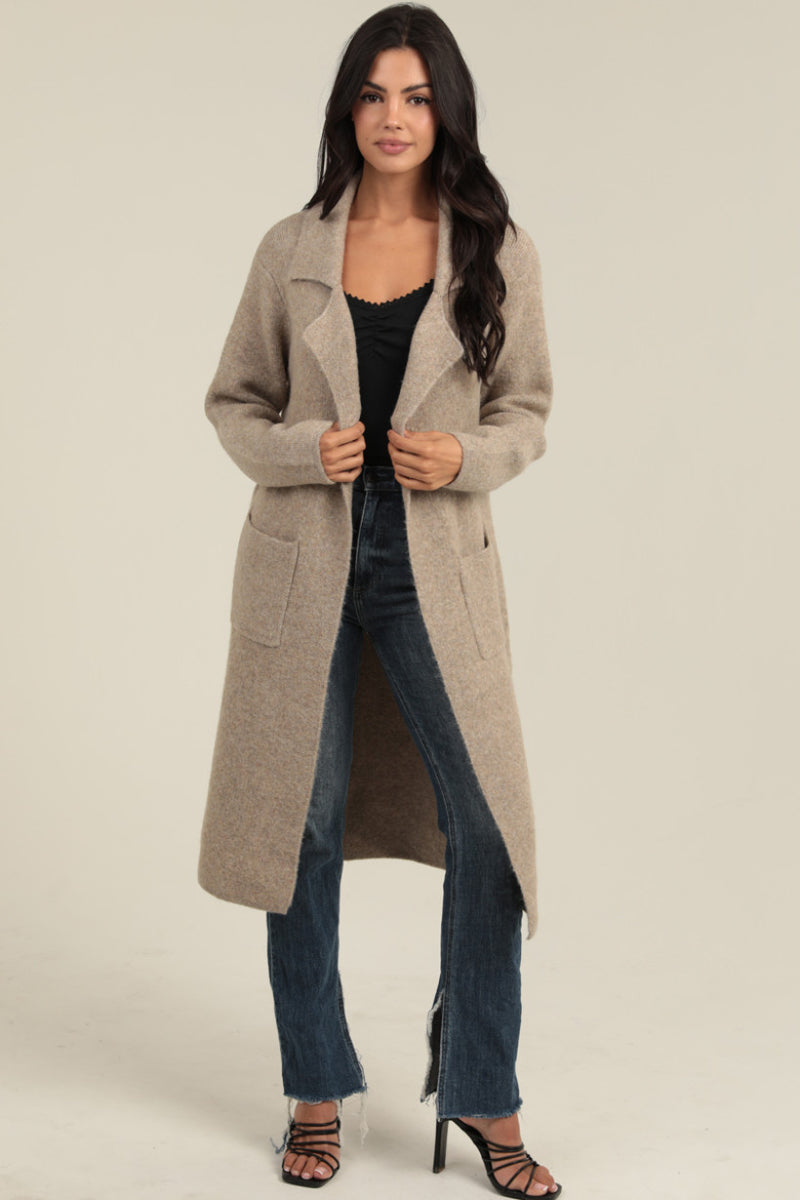 Long Cardigan Trench with Collar and Pockets- Tan