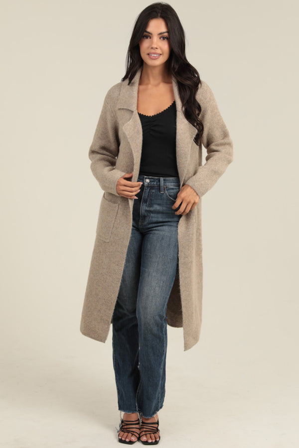 Long Cardigan Trench with Collar and Pockets- Tan
