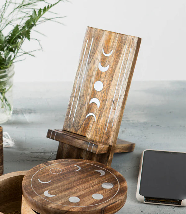 Indukala Mango Wood Phone Stand for Desk - Moon Phase