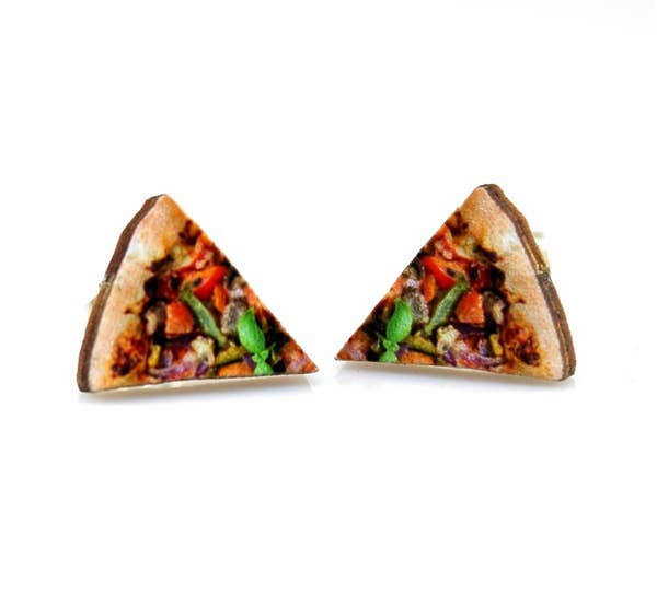 Pizza Stud Wooden Earrings