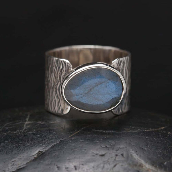 Hammered Ring with Cut Labradorire-Sterling Silver