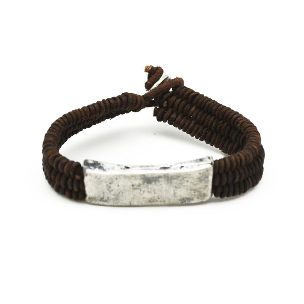 Aadi Braided Brown Leather With Silver Bar Men's Bracelet