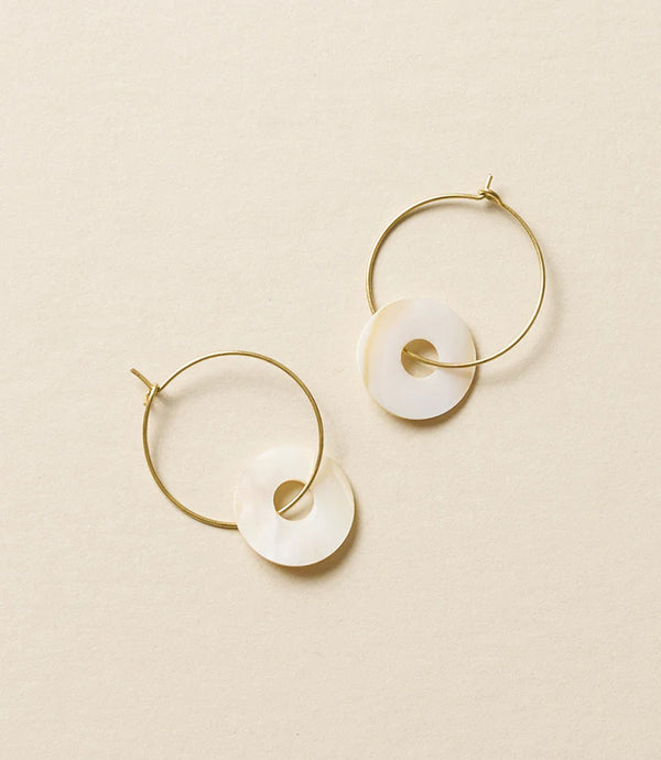 Varidi Dainty Gold Hoop Earrings with Mother of Pearl Natural Shell Disc Charms