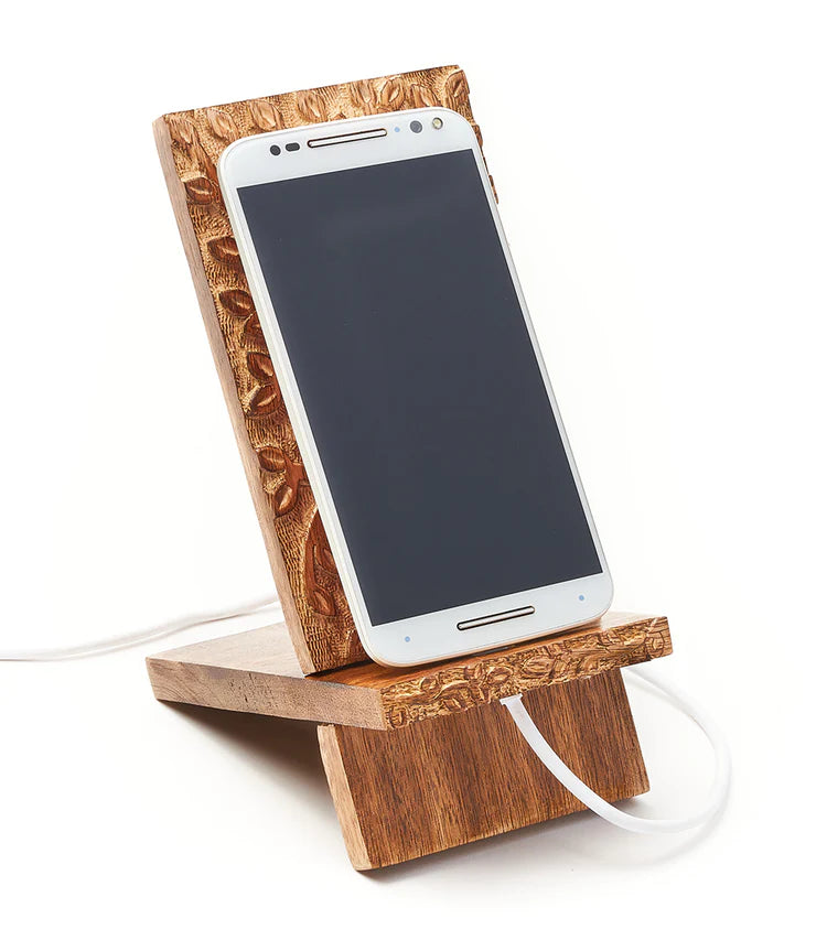 Aranyani Hand Carved Mango Wood Phone Stand for Desk - Tree of Life