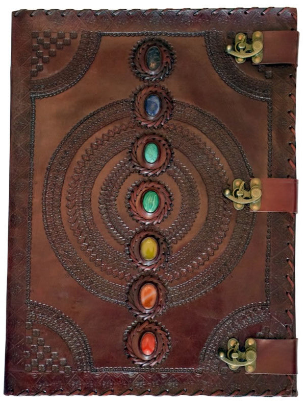 Huge Embossed Leather Journal with 7 Chakra Stones and 3 Metal Locks