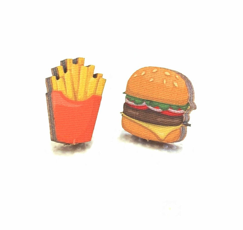 Burger and Fries Wood Stud Earrings