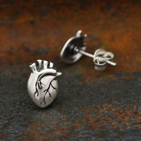 Anatomical Heart Post Earrings 10x7mm - Sterling Silver