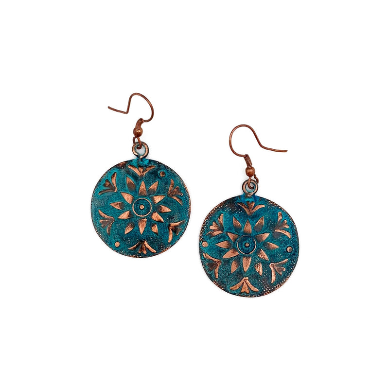 Copper Patina Earrings - Teal Sun Flower Circle