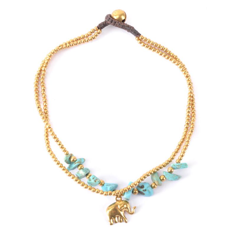 Two Strand Bronze Elephant Chip Turquoise Anklet