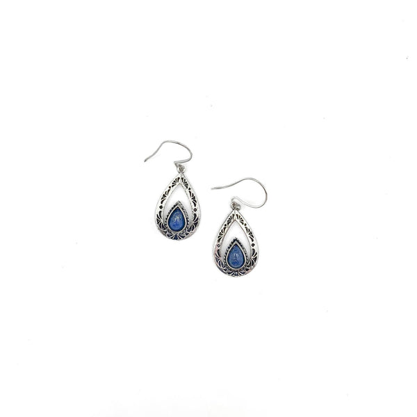 Tanvi Silver Etched Teardrop Frame with Lapis Earrings