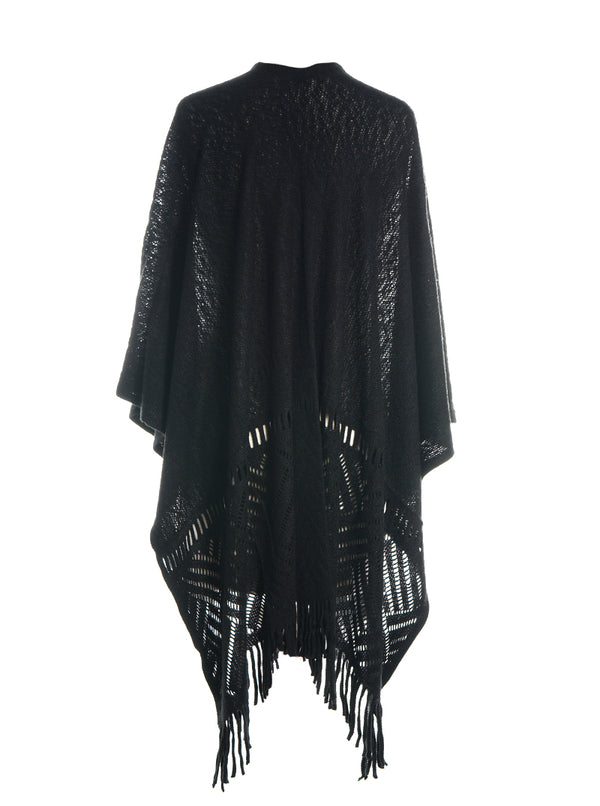 Geo Open Knit Ruana W/ Fringe Wrap