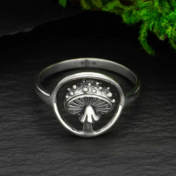 Agaric Mushroom in a Circle Ring - Sterling Silver