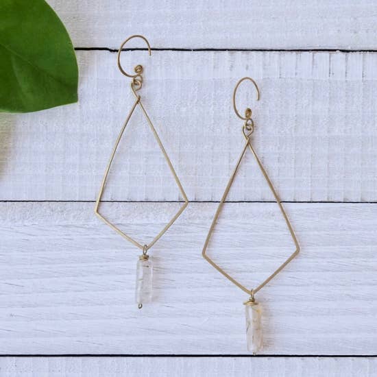 Brass Diamond Drop Stone Earrings Rose Quartz