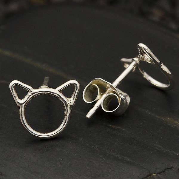 Cat Head Post Earrings 7x8mm - Sterling Silver