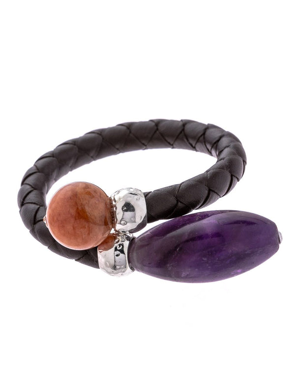Onyx Beads on brown leather bracelet