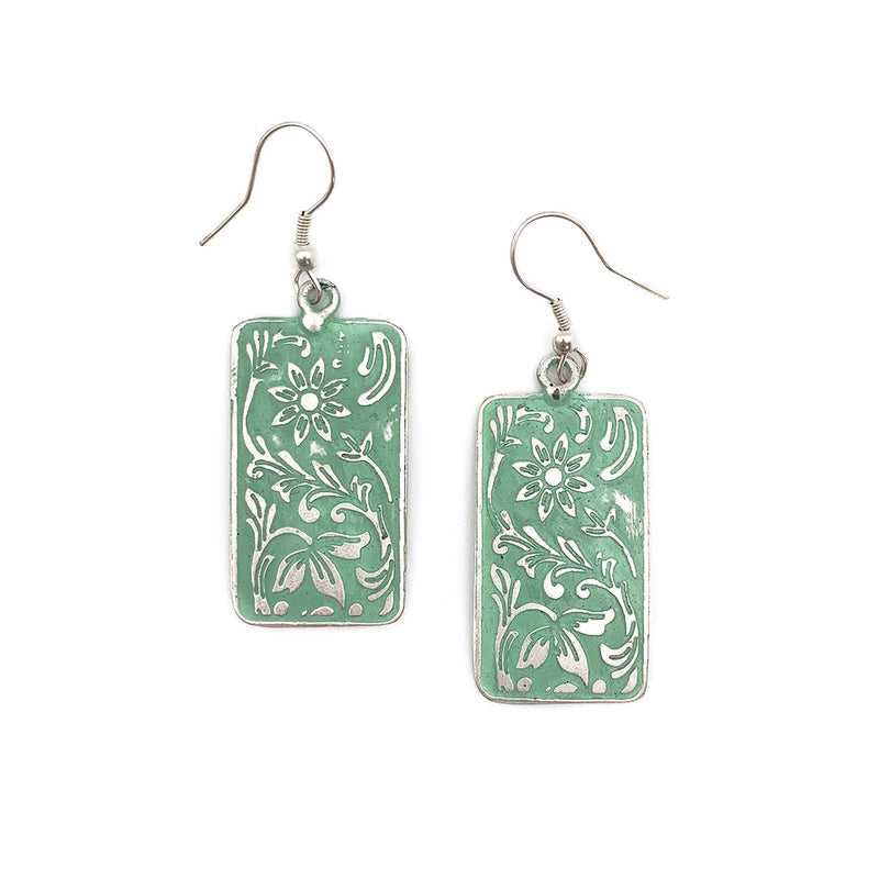 Silver Patina Earrings - Mint Floral Rectangle