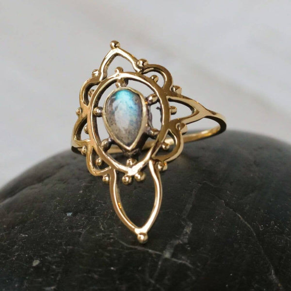 Decorated Brass Ring with Labradorite  Stone