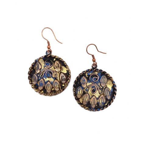 Copper Patina Earrings - Filigree in Blue and Gold Circles