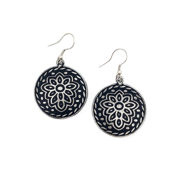 Silver-Plated Patina Earrings-Black Floral Circle