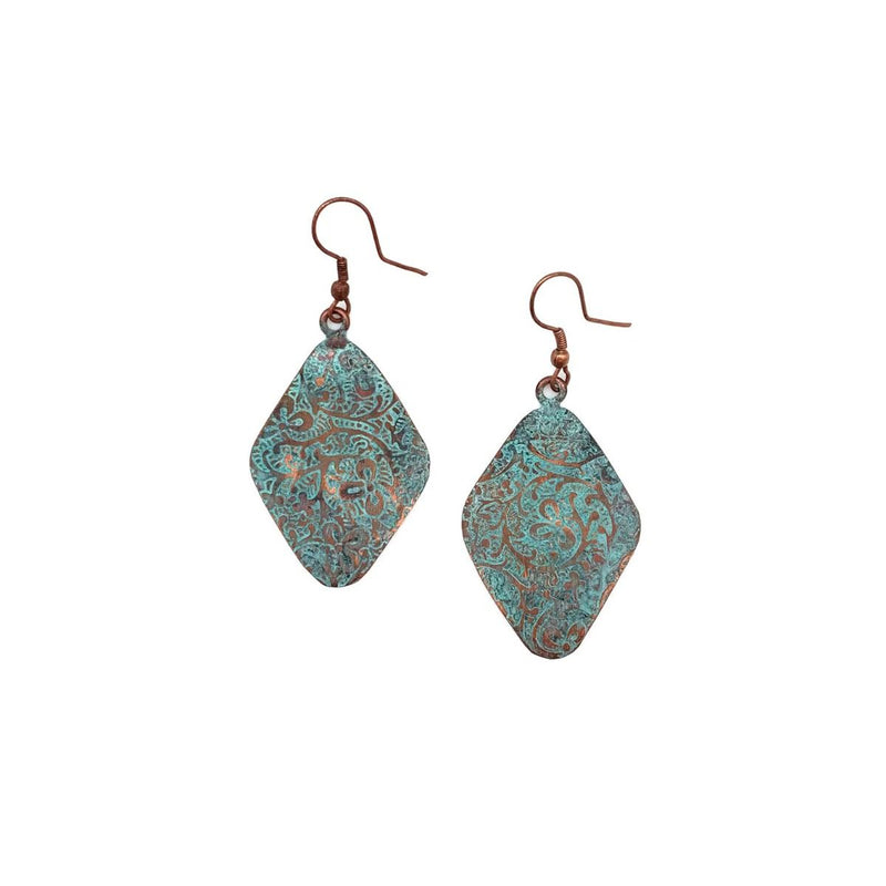 Copper Patina Earrings- Aqua Floral Paisley Diamond