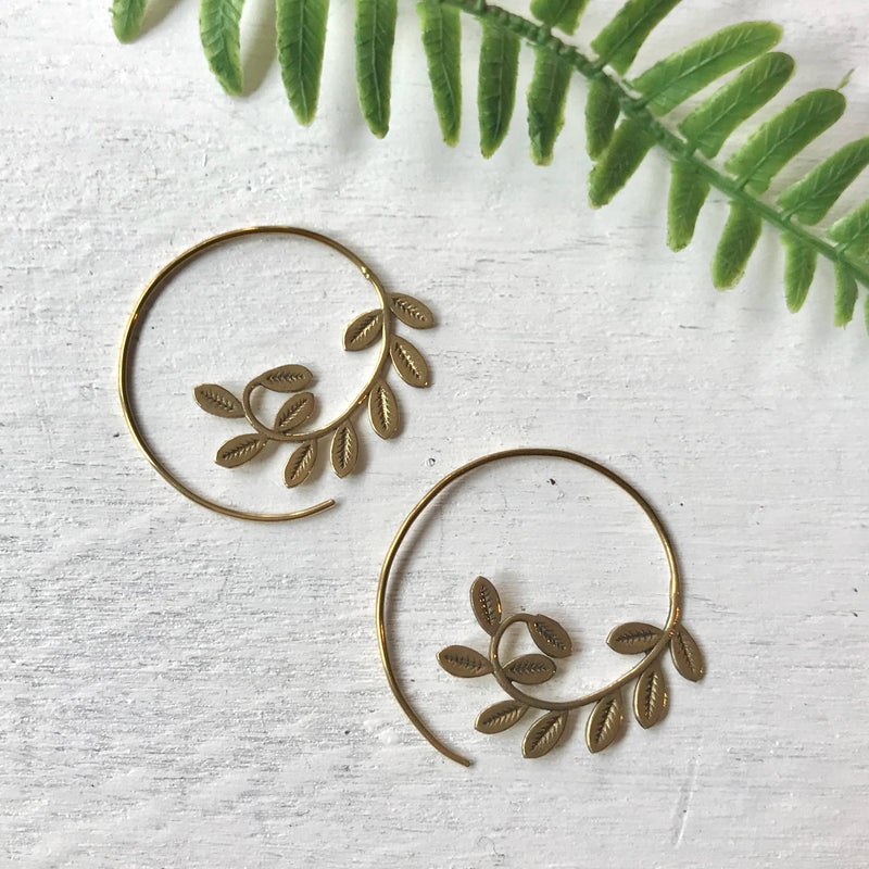 Brass Little Leaf Spiral Earrings