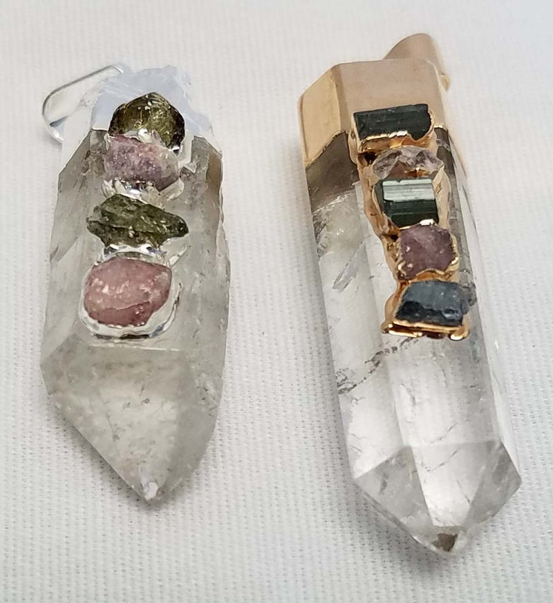 Gold Plated Polished Quartz Crystal with Pink & Green Tourmaline