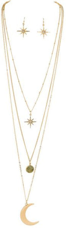 Gold Three Layer Moon Star Necklace Set